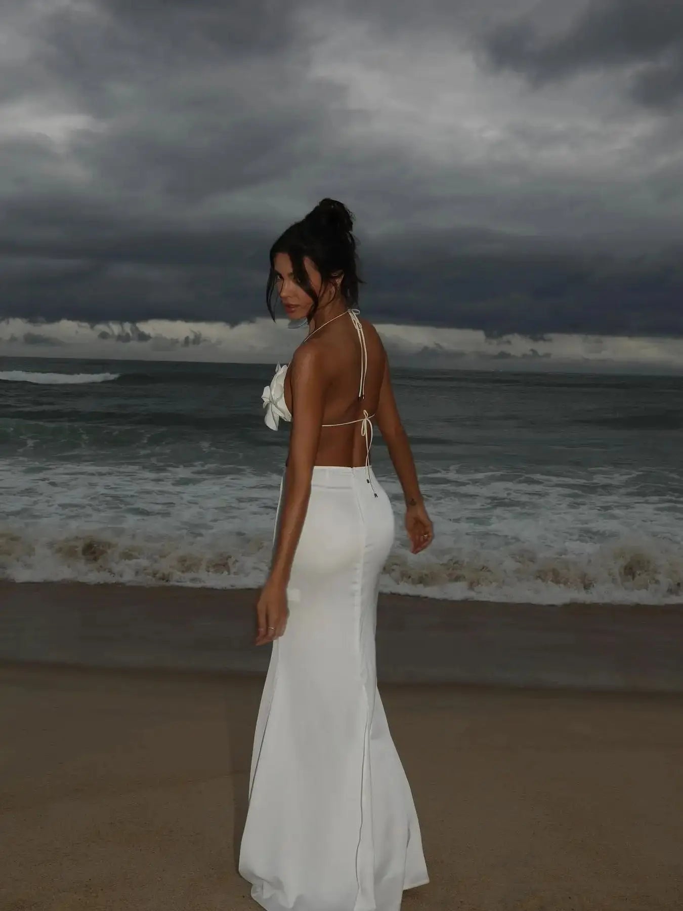 3D Flower Sleeveless Sweet Chic Slit Beach Two Piece Skirt Set