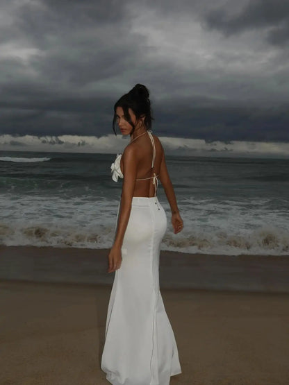 3D Flower Sleeveless Sweet Chic Slit Beach Two Piece Skirt Set