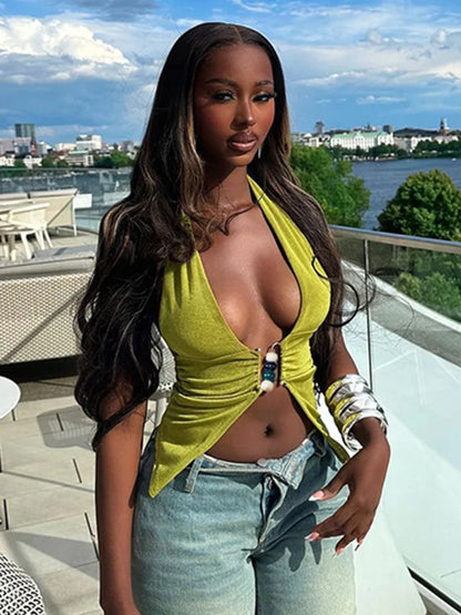 Halter V Neck Backless Ruched Cami Top