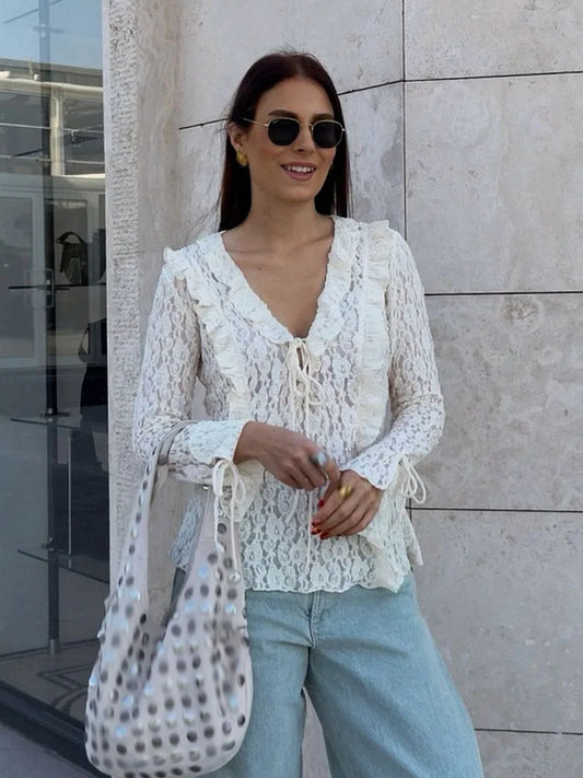 Women Spring Fashion V-neck Solid Lace Laminated Blouse