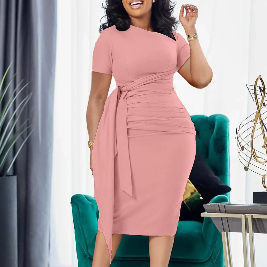 Pleated Band Collar Short Sleeve Pure Color Work Dress