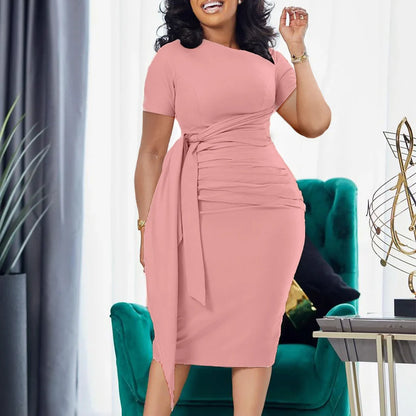 Pleated Band Collar Short Sleeve Pure Color Work Dress