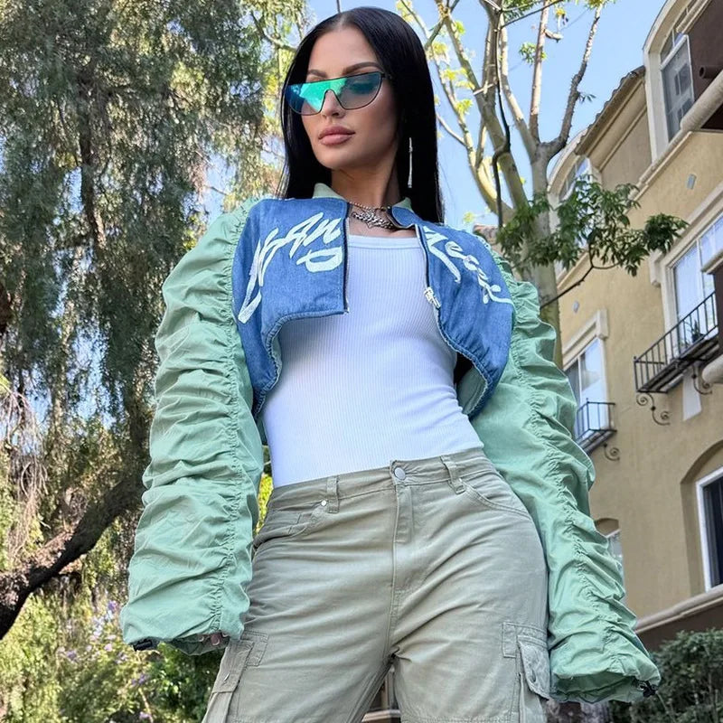 Pleated Letter Racer Crop Jacket