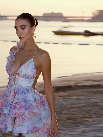 3D Floral Halter Layered V Neck Mini Dress