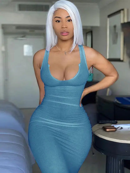 Ribbed Stripe Sleeveless V-neck Midi Dress