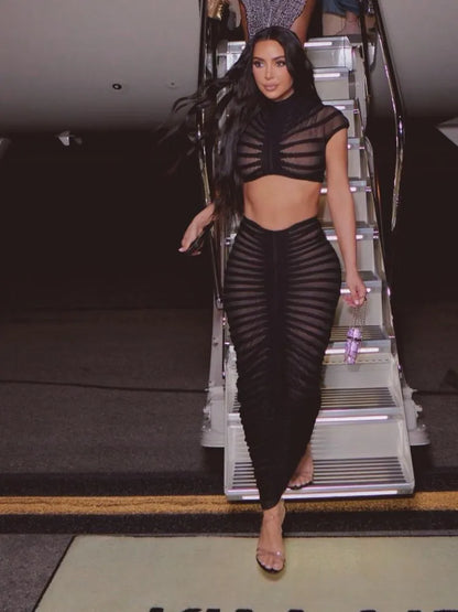 Knitted Crop Top Hollow Out Design Two Piece Shorts Set