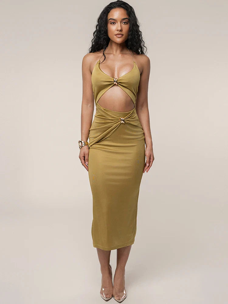 Cutout Chain Metal Halter Midi Dress