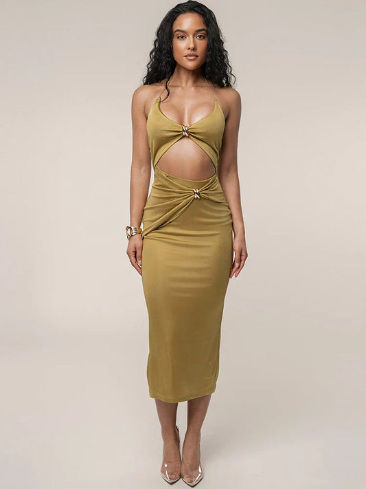 Cutout Chain Metal Halter Midi Dress