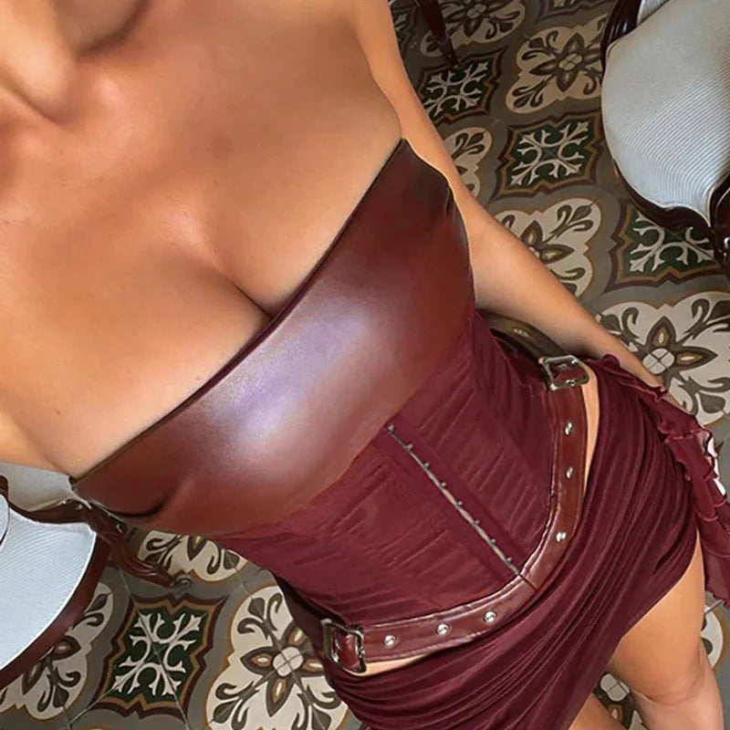 Red Leather Mesh Lace-Up Strapless