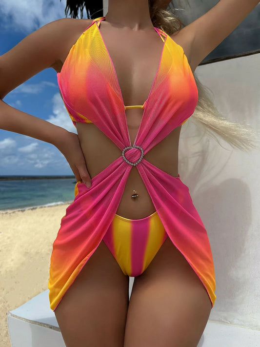 Gradient Mesh Skirt Summer Sexy Three Piece Swim Sets