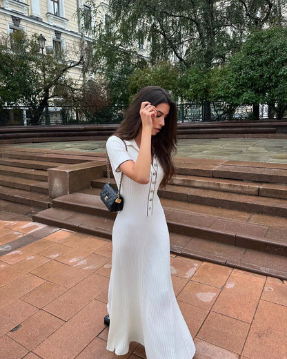 Denim Patchwork Knitted Short Sleeve Button Work Dress