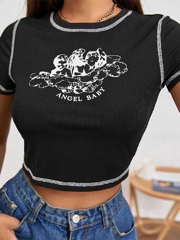 Angel Letter Printed Slim Fit Crop Top
