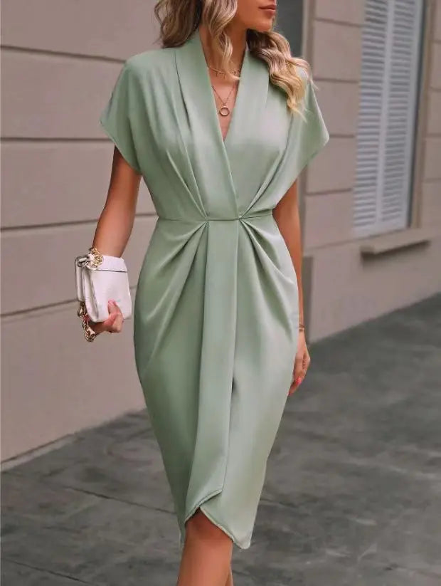 Short Sleeve Deep V Neck Draped High Waist Work Dress