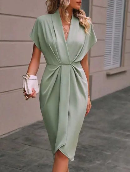 Short Sleeve Deep V Neck Draped High Waist Work Dress
