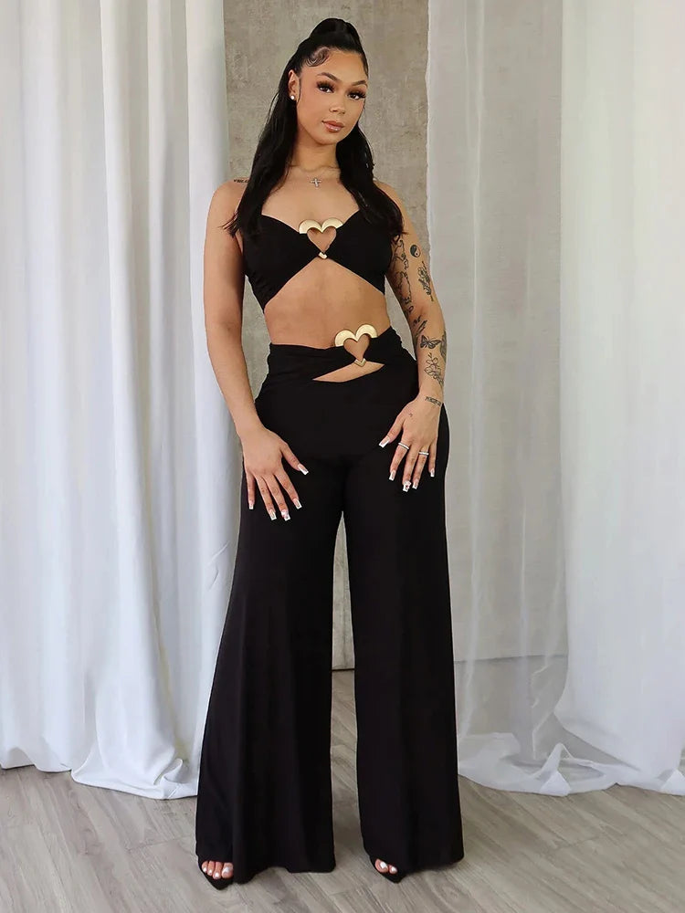 Heart Metal Wide Leg Two Piece Pants Set