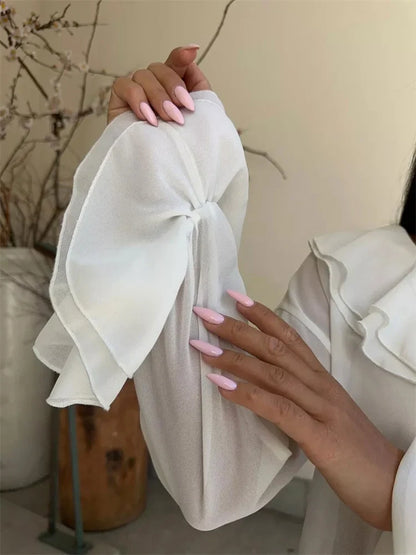 Chiffon V-neck Ruffled See-through Lace-up Blouse