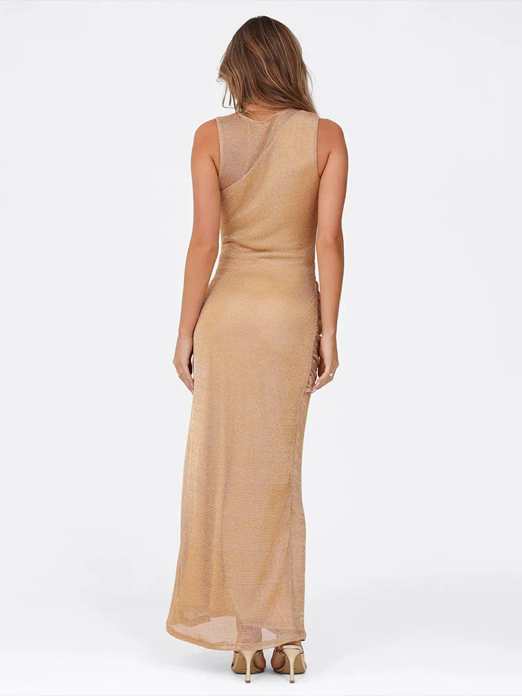 Silk Hollow Knot Slit Midi Dress