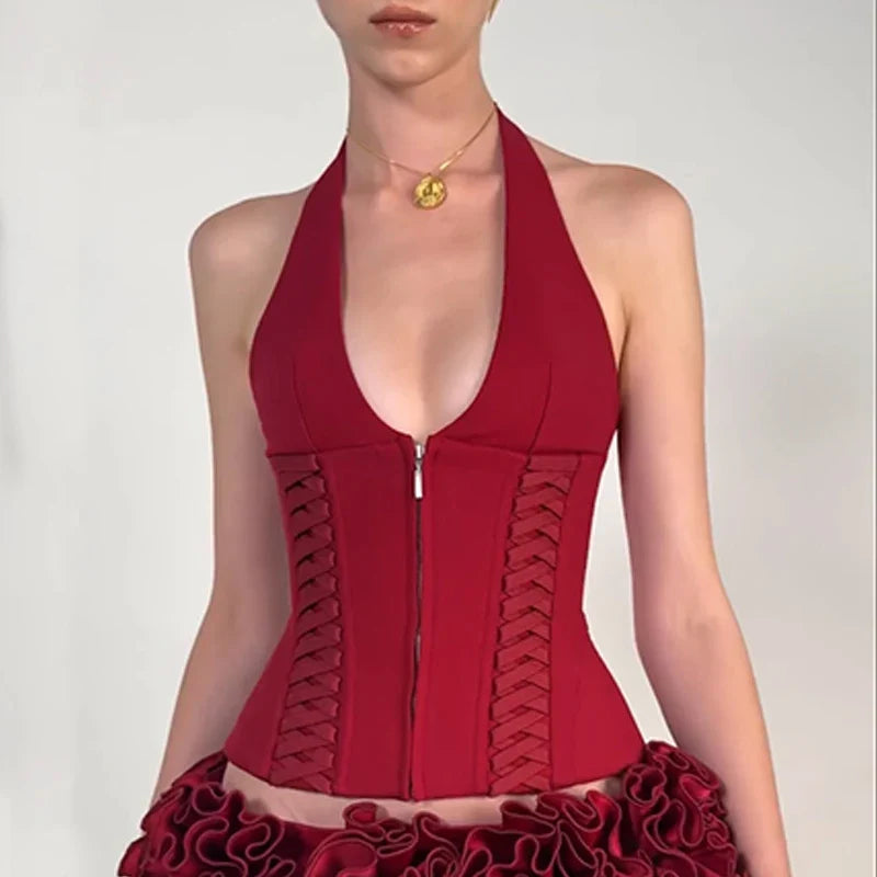 Cross Tie Zipper Slim Off Shoulder Backless Cami Top