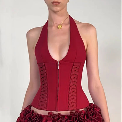 Cross Tie Zipper Slim Off Shoulder Backless Cami Top