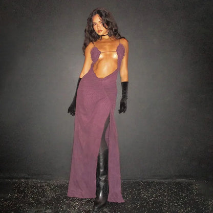 Hollow Out Printed Patchwork Lace-up Slip Dress