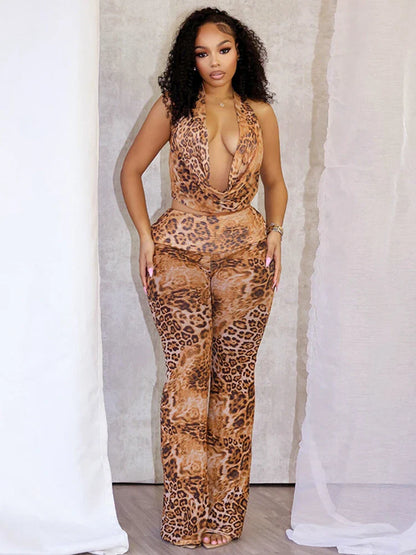 Leopard Halter Flared Two Piece Pants Set