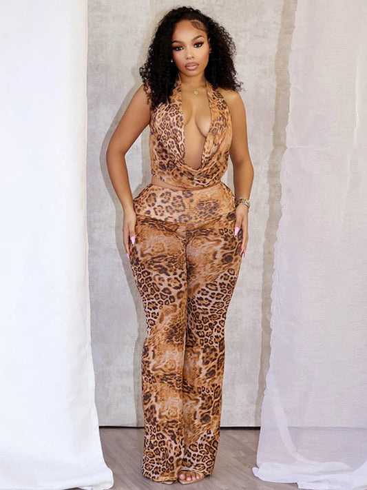 Leopard Halter Flared Two Piece Pants Set