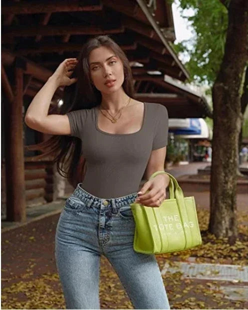 Ribbed Square Neck Sexy Thong Bodysuit Crop Top