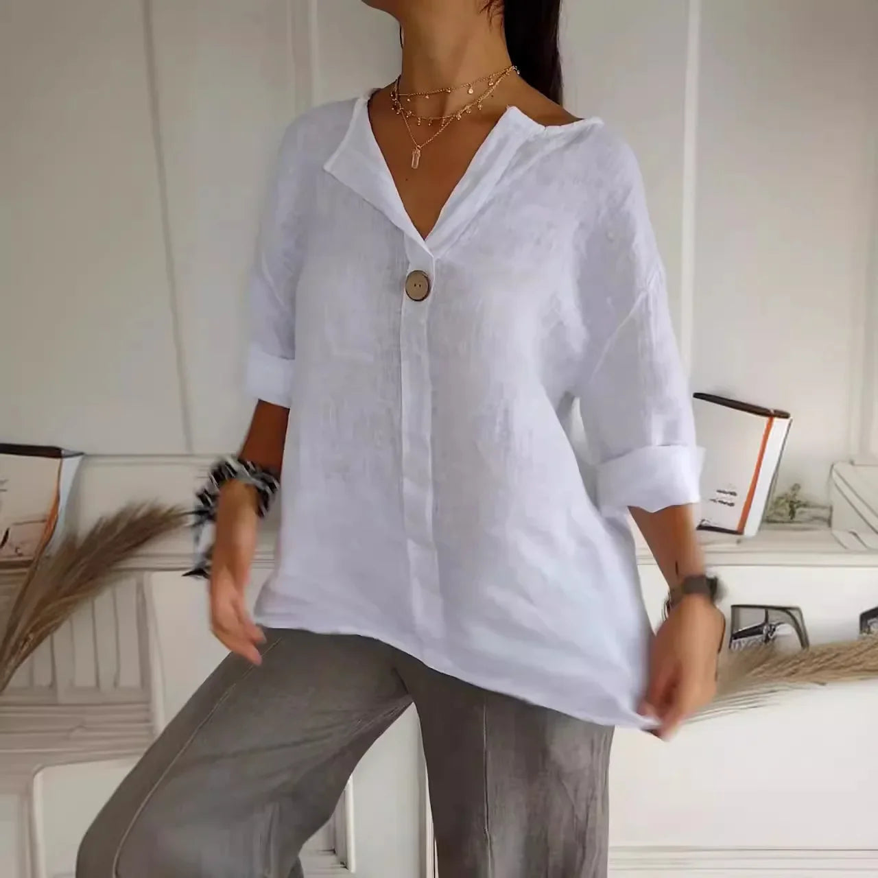 Summer V-neck Button Tee Blouse