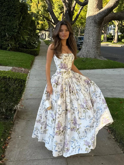 Pleated Sleeveless Backless Floral Dress