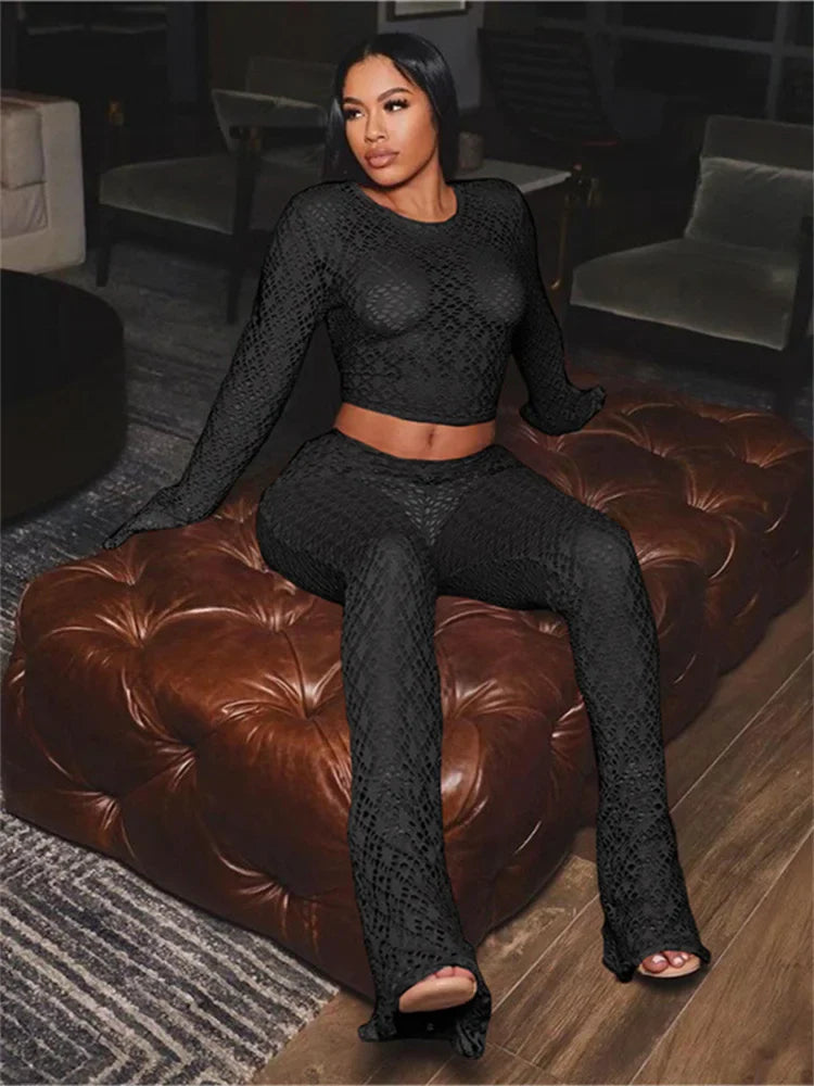 Long Sleeve Crop High Waist Black Two Piece Pants Set