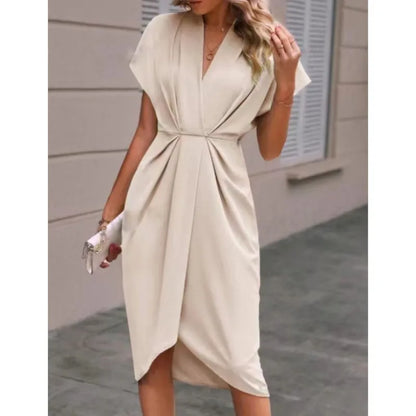 Short Sleeve Deep V Neck Draped High Waist Work Dress