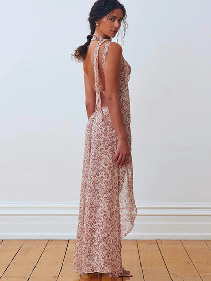 Chiffon Lace Up Slit Floral Dress