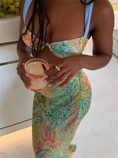 Vintage Floral Tie-Back Bra Maxi Skirt Three Piece Swim Sets