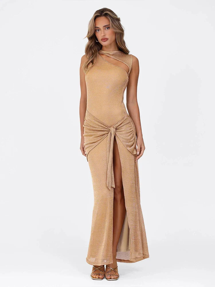 Silk Hollow Knot Slit Midi Dress