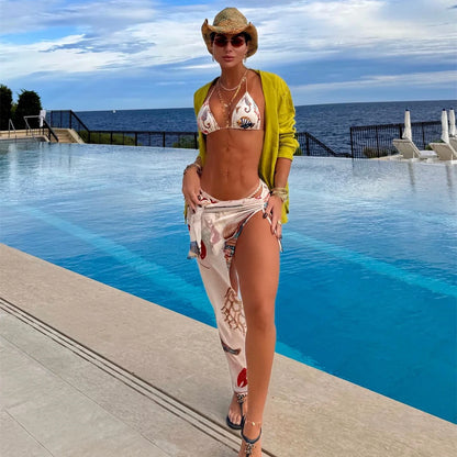 Ocean Printed Cover Up Cut Out Bodysuit Three Piece Swim Sets