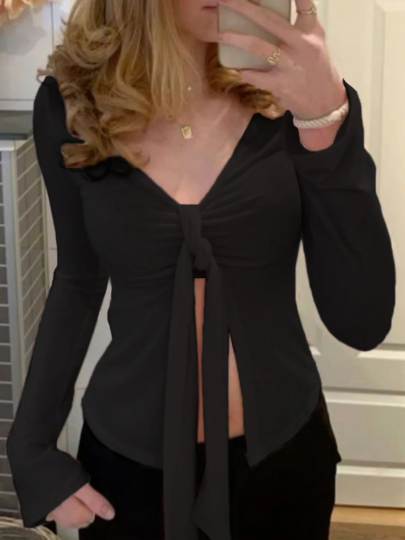Black Tie V-Neck Split Sexy Blouse Crop Top