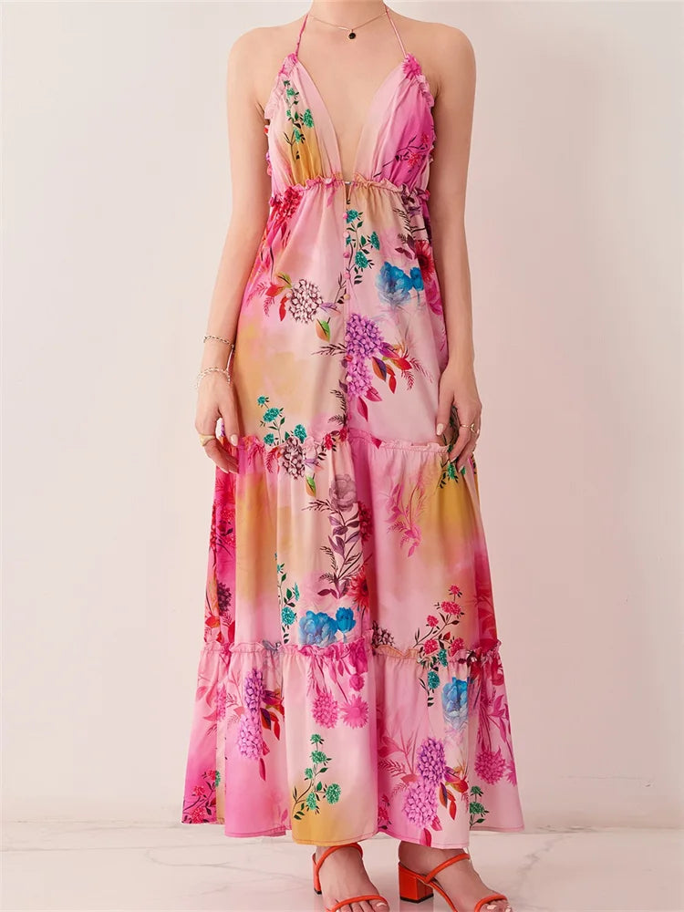 Retro Print Backless V-neck Midi Dress