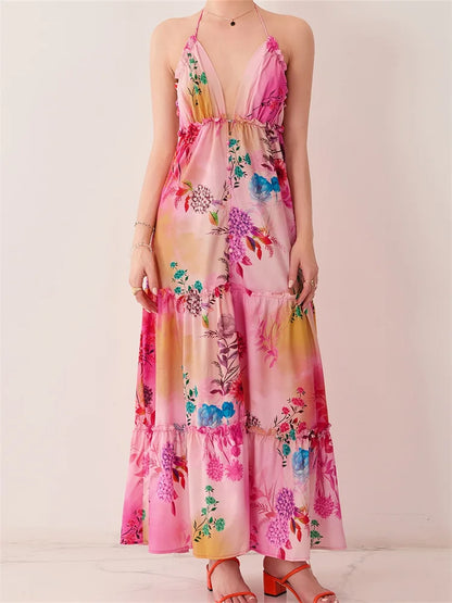 Retro Print Backless V-neck Midi Dress