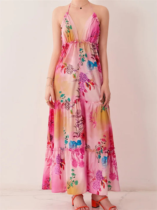 Retro Print Backless V-neck Midi Dress