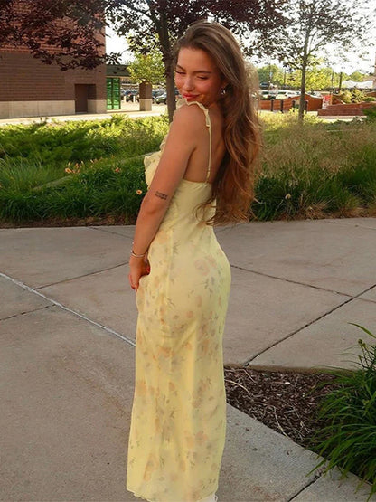 Ruffled Sling Backless Floral Dress