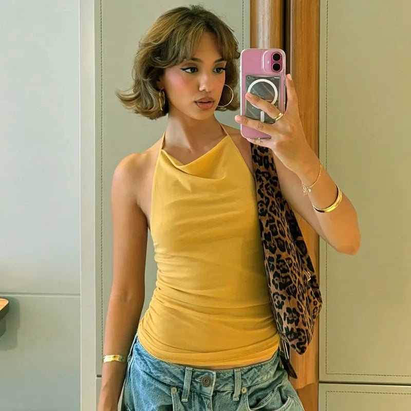 Elegant Backless Solid Mesh Sheer Top