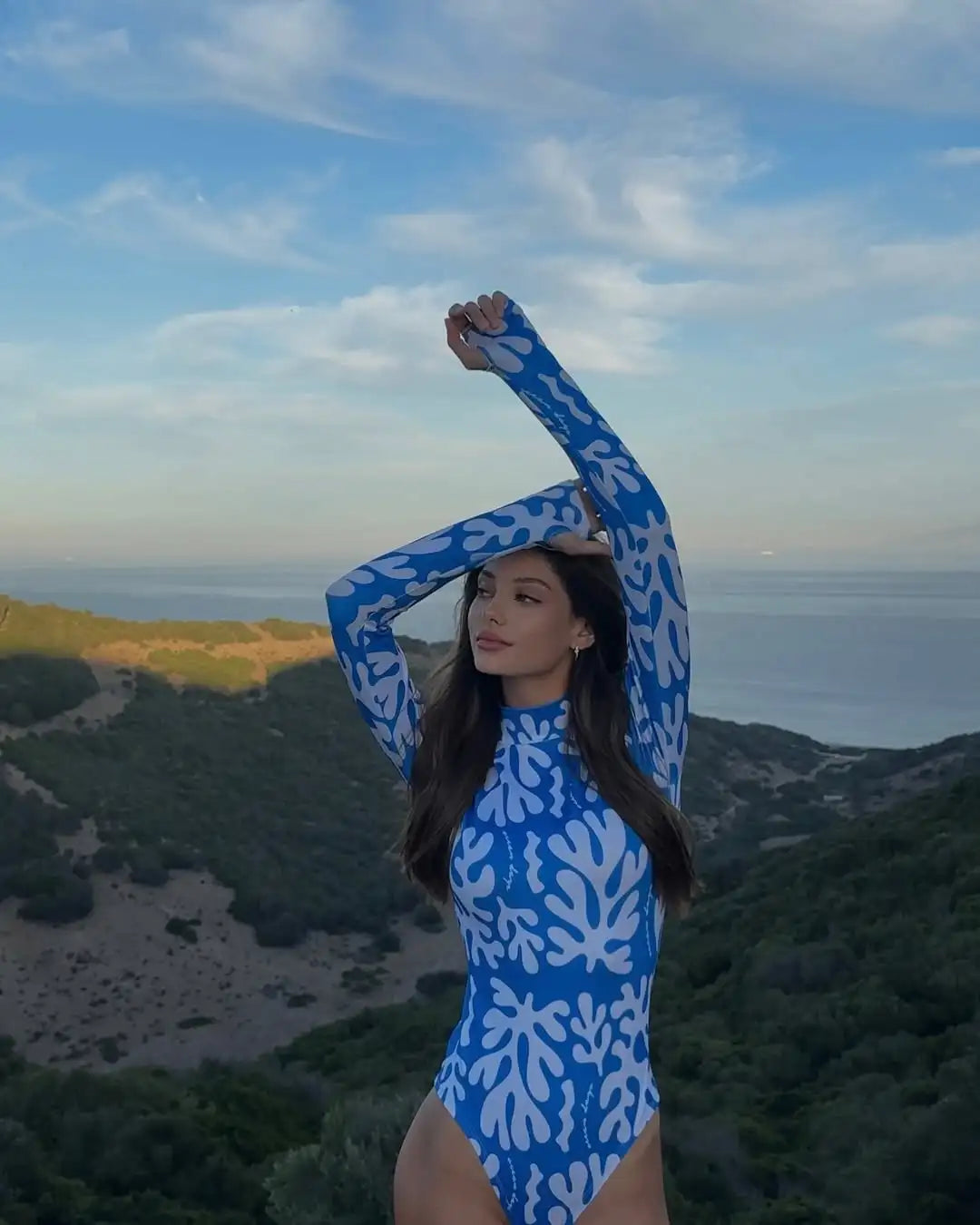 New Long Sleeve Zipper Print Vintage Surf One Piece Swimwear