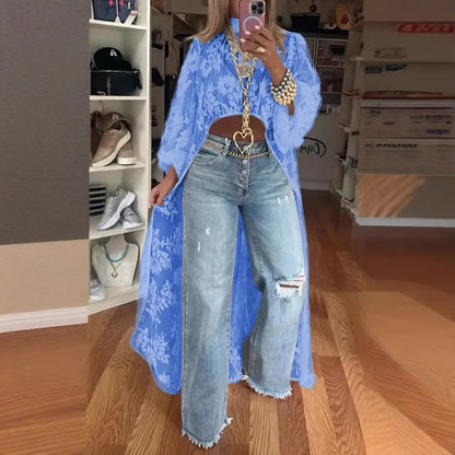 Lace Floral High Neck Puff Sleeve Blouse