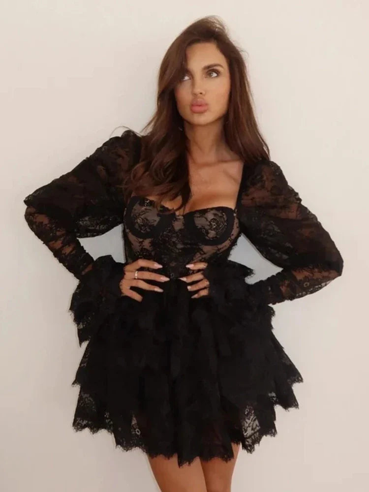 Puff Sleeve Layered Ruffle High Waist Lace Dress