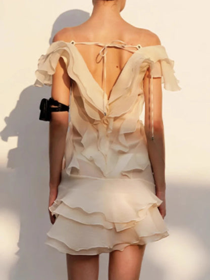 Ruffle Backless Mesh Prom Mini Dress