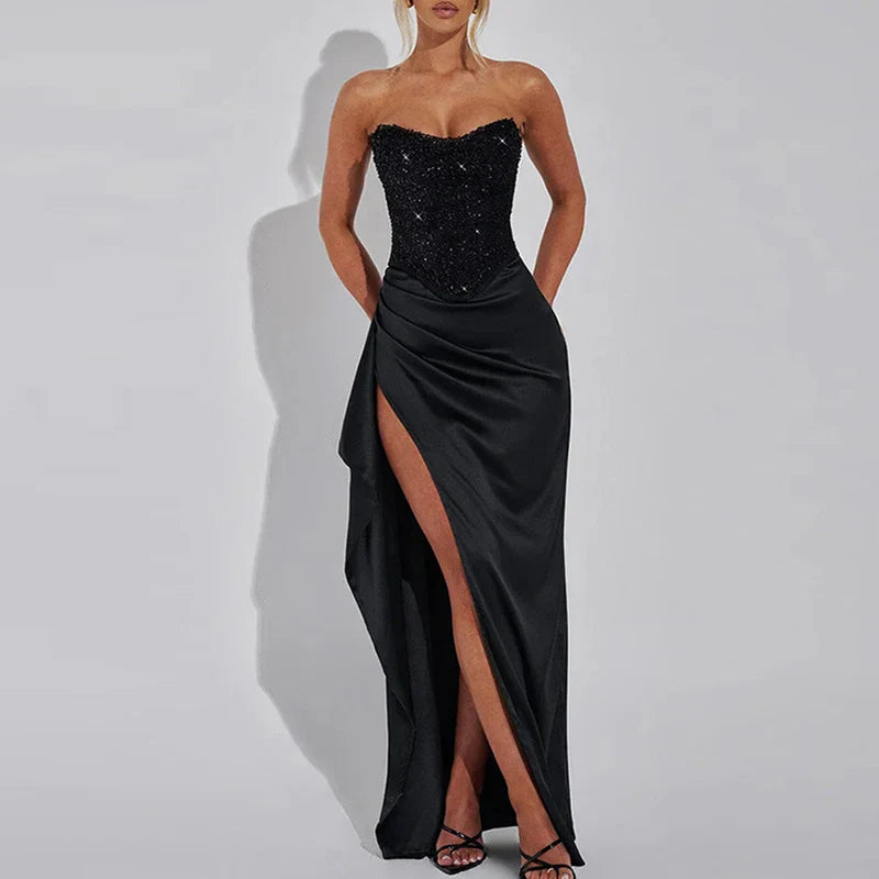 Sequin Strapless High Slit Maxi Party Dress