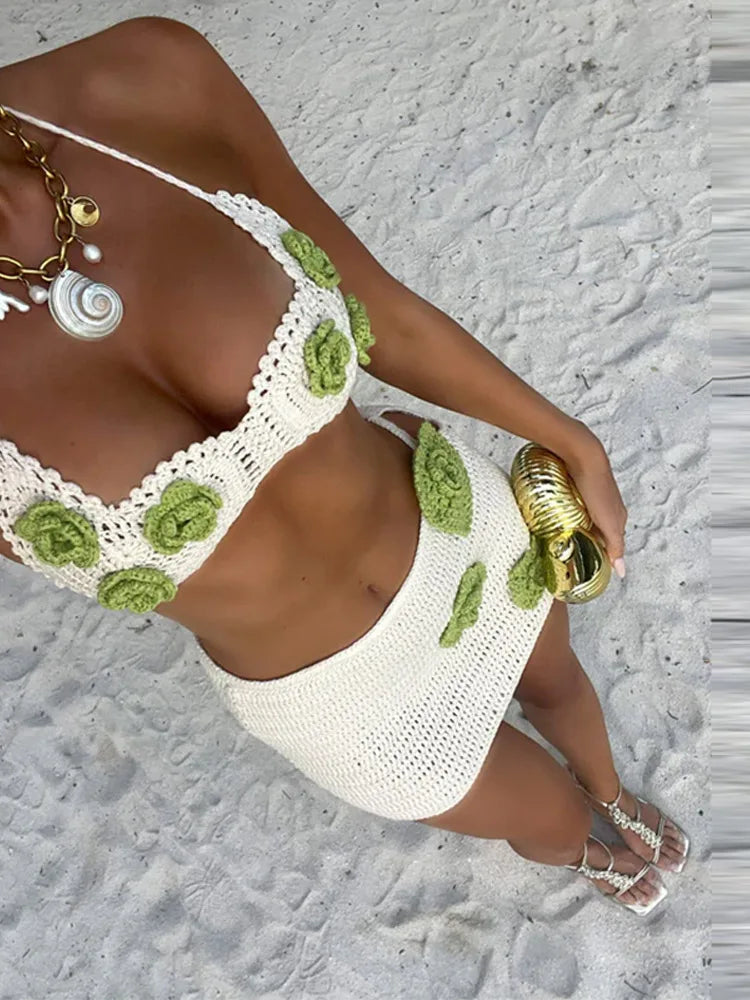 Knit Crochet Flower Mini Skirt Halter Three Piece Swim Sets