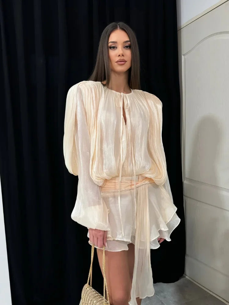 Shiny Pleated Full Sleeve Round Neck Lace Up Work Dress