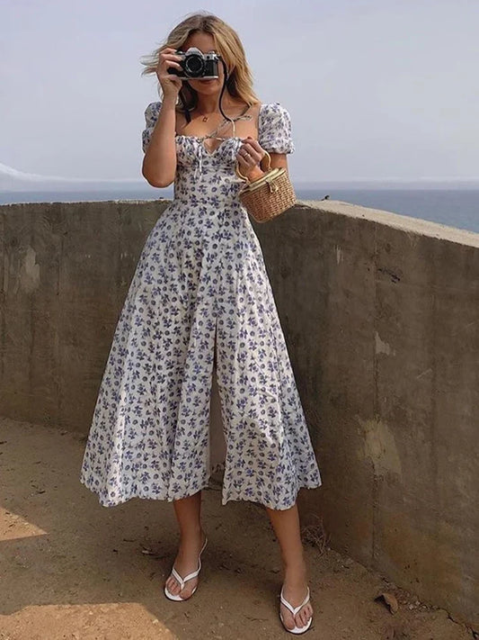 Puff Sleeve High Waist Swing Floral Dress
