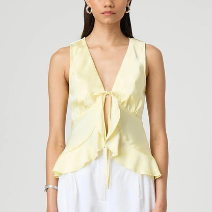 Bow Tie-up V-Neck Ruffled Hem Silky Cami Top